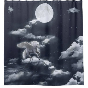 White winged horse flying in the sky with full moo shower curtain