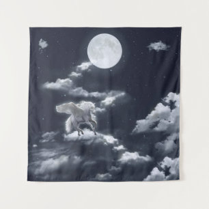 White winged horse flying in the sky with full moo tapestry