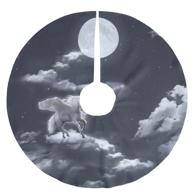 White winged horse: moonlit sky. brushed polyester tree skirt (Front)