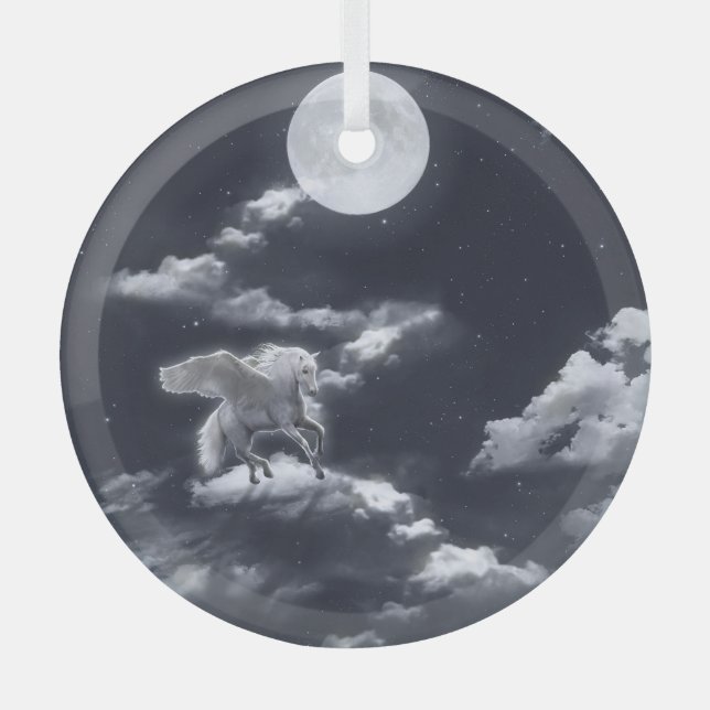White winged horse: moonlit sky. glass tree decoration (Front)