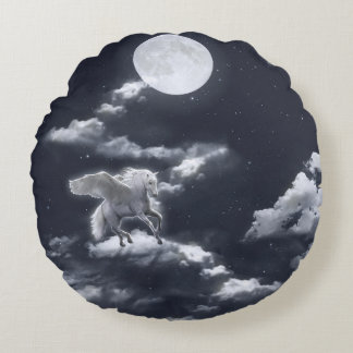 White winged horse: moonlit sky. round cushion