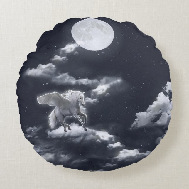 White winged horse: moonlit sky. round cushion (Front)