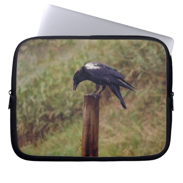 White-Winged Raven and Fence-Post Art Laptop Sleeve (Front)