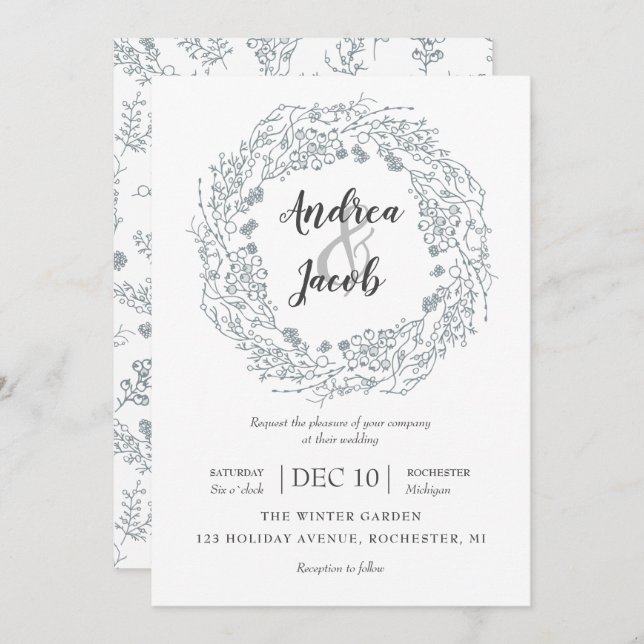 White winter Berries wreath wedding Invitation (Front/Back)