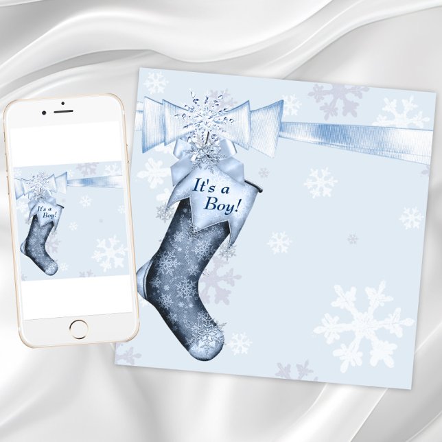 White Winter Blue Snowflakes Baby Boy Shower Invitation (Boy Christmas baby shower invitation with Christmas stocking and snowflakes. Digital and printed.)