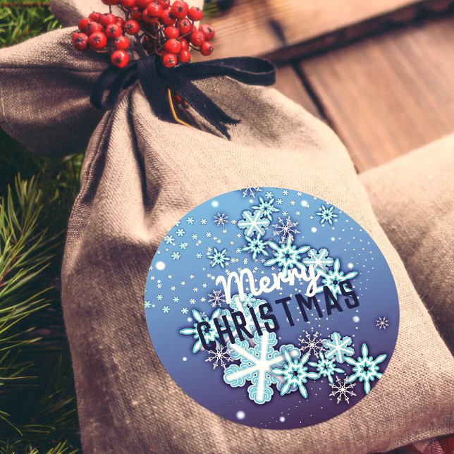 White Winter Crystal Ornate Snowflakes On Blue  Classic Round Sticker (Creator Uploaded)