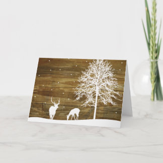 White Winter Deer and Snow - Reclaimed Wood Rustic Holiday Card