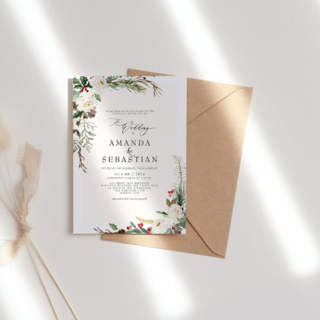 White Winter Floral Berries Pine Cone Wedding Invitation (Creator Uploaded)