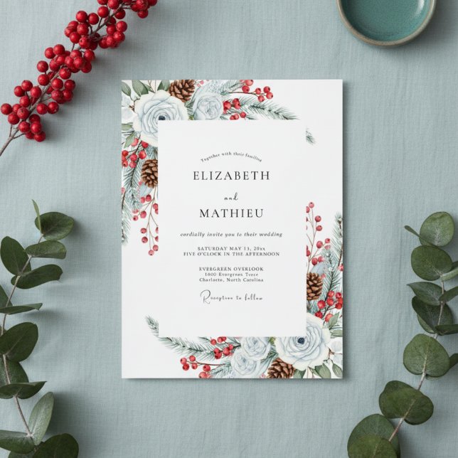 White Winter Floral Brushstroke Wedding Invitation (Creator Uploaded)