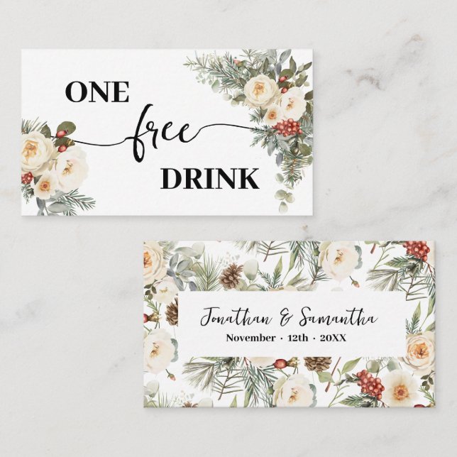 White Winter Floral Free Drink Wedding Ticket Card (Front/Back)