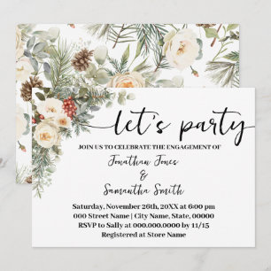 White Winter Floral Let's Party Engagement Invitation
