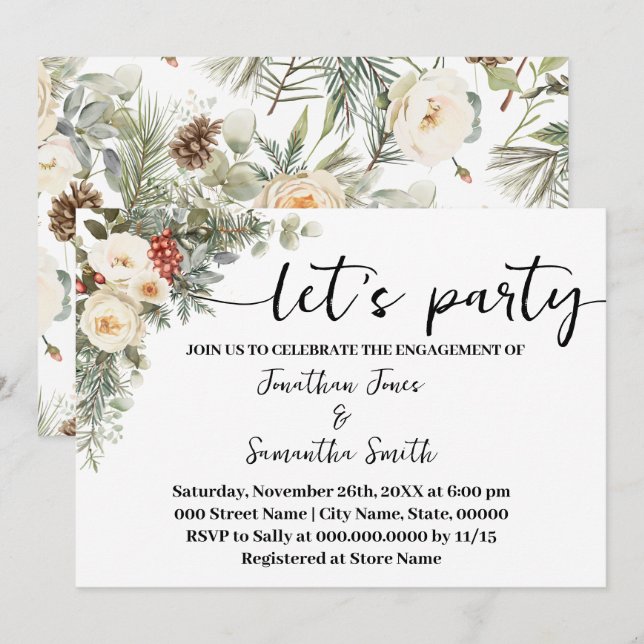 White Winter Floral Let's Party Engagement Invitation (Front/Back)