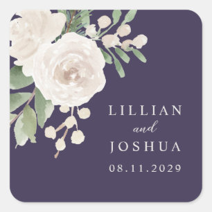White Winter Floral Purple Wedding Square Sticker