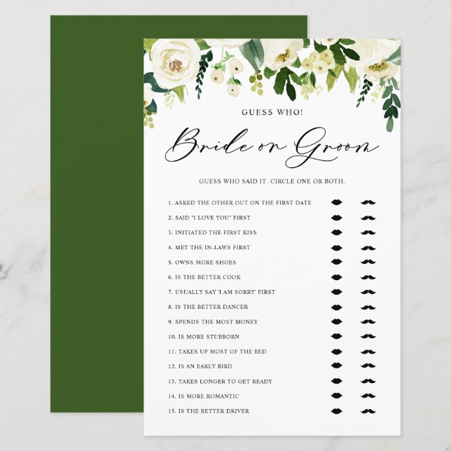 White Winter Flowers Guess Who Bride or Groom Game (Front/Back)