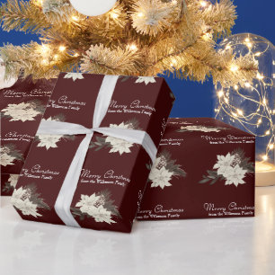 White Winter Flowers Merry Christmas Burgundy Wrapping Paper