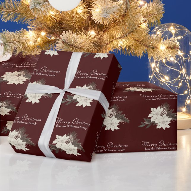 White Winter Flowers Merry Christmas Burgundy Wrapping Paper (Holidays)