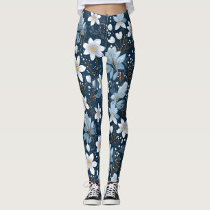White Winter Flowers Pattern Leggings