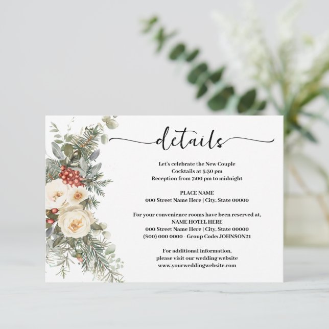 White Winter Flowers Wedding Details Insert Card (Standing Front)