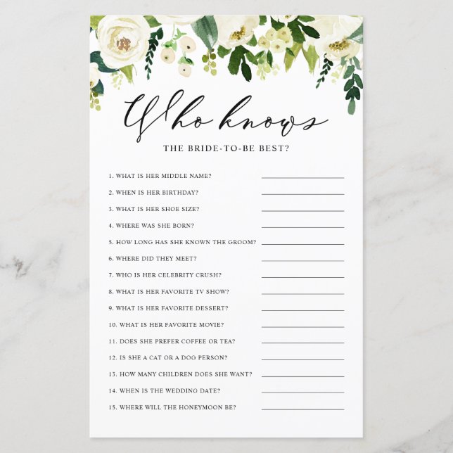 White Winter Flowers Who Knows the Bride Best Game (Front)