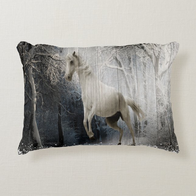 White Winter Horse In Mountain Forest  Decorative Cushion (Front)