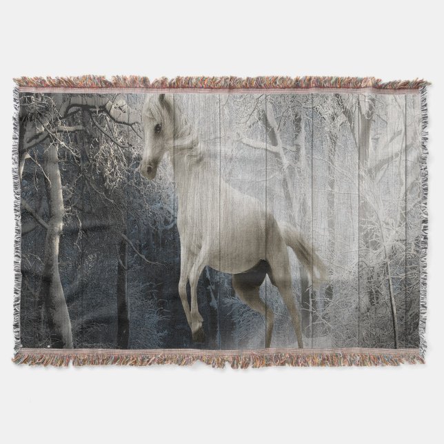 White Winter Horse In Mountain Forest Throw Blanket (Front)