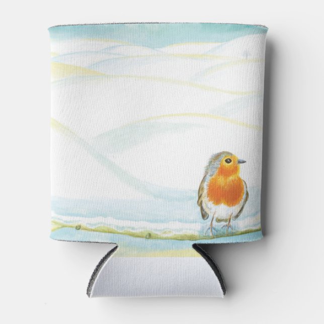 White Winter Landscape Illustration With Robin  Can Cooler (Front)