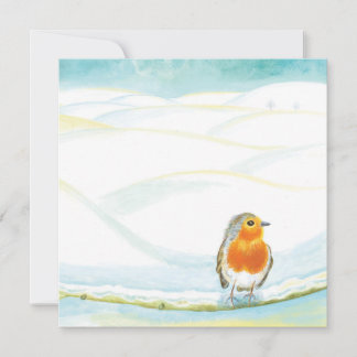 White Winter Landscape Illustration With Robin  Card