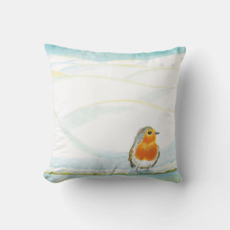 White Winter Landscape Illustration With Robin  Cushion