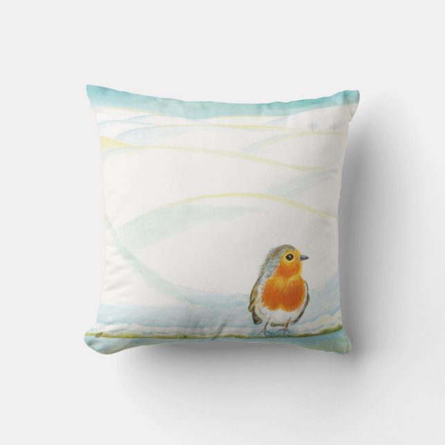 White Winter Landscape Illustration With Robin  Cushion (Front)