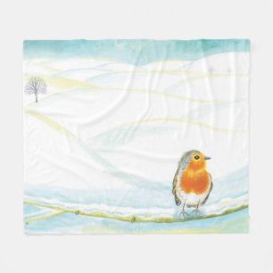 White Winter Landscape Illustration With Robin Fleece Blanket