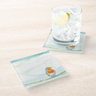 White Winter Landscape Illustration With Robin   Glass Coaster