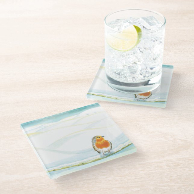White Winter Landscape Illustration With Robin   Glass Coaster (Angled)