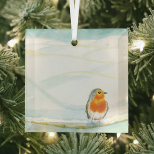 White Winter Landscape Illustration With Robin Glass Tree Decoration
