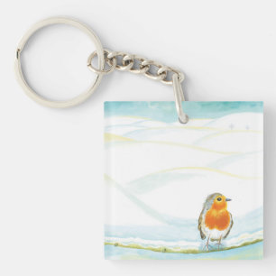 White Winter Landscape Illustration With Robin Key Ring