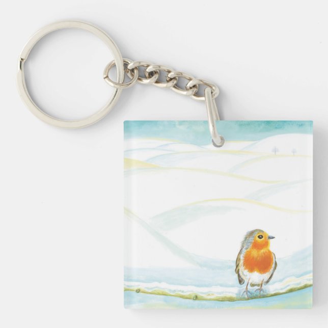 White Winter Landscape Illustration With Robin  Key Ring (Front)