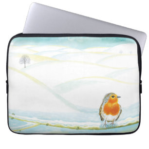 White Winter Landscape Illustration With Robin Laptop Sleeve