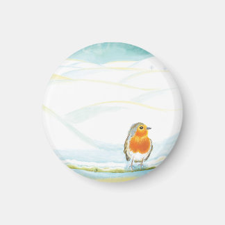 White Winter Landscape Illustration With Robin  Magnet