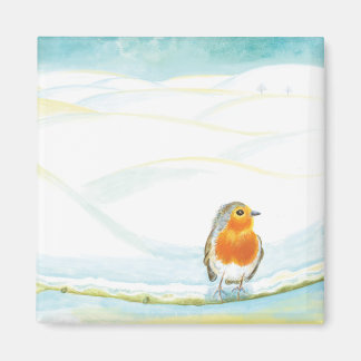 White Winter Landscape Illustration With Robin  Magnet