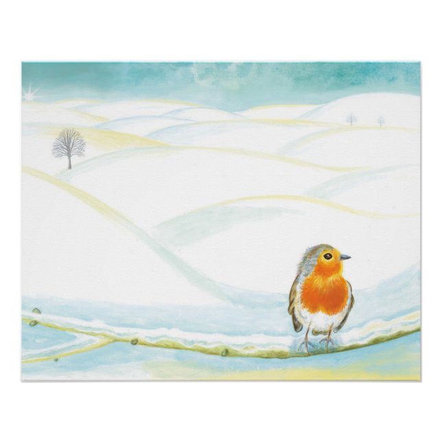 White Winter Landscape Illustration With Robin  Poster (Front)