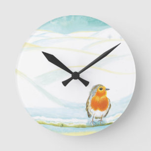 White Winter Landscape Illustration With Robin  Round Clock