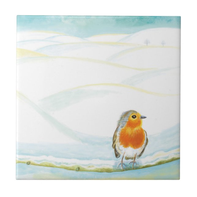 White Winter Landscape Illustration With Robin  Tile (Front)