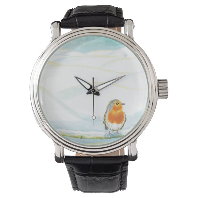 White Winter Landscape Illustration With Robin  Watch (Front)