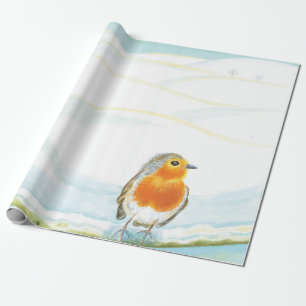 White Winter Landscape Illustration With Robin  Wrapping Paper