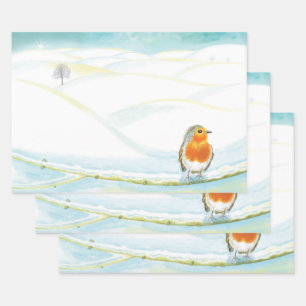 White Winter Landscape Illustration With Robin  Wrapping Paper Sheet