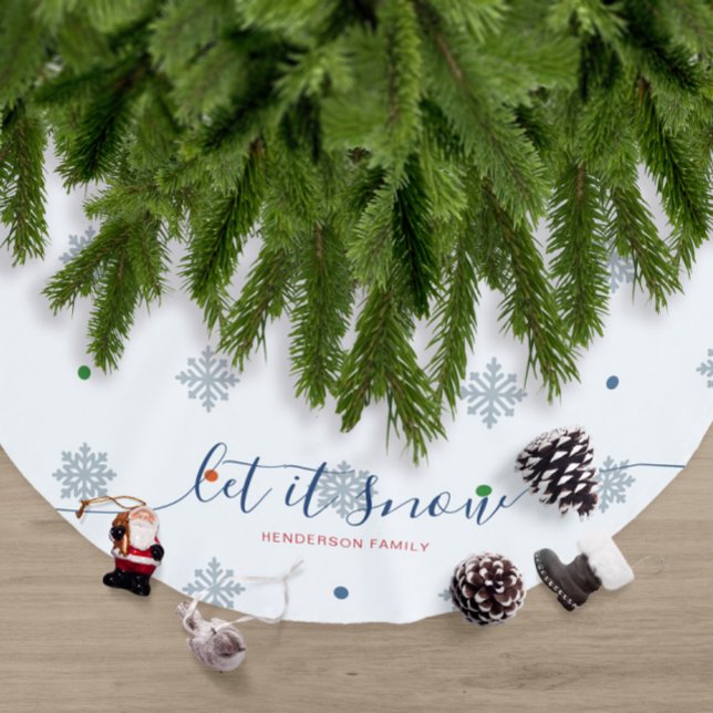 White winter Let it snow custom name Brushed Polyester Tree Skirt (Elegant modern let it snow tree skirt with custom name. Gentle snowflakes and dots for cozy holiday)