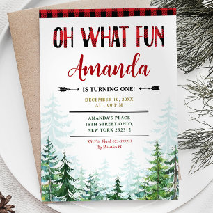 White Winter Lumberjack Oh What Fun First Birthday Invitation