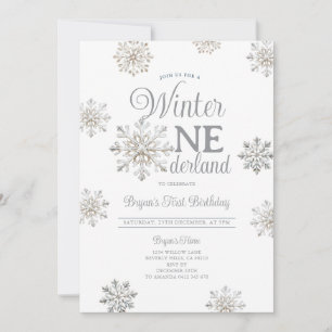 White Winter Onederland Silver Snowflakes Birthday Invitation