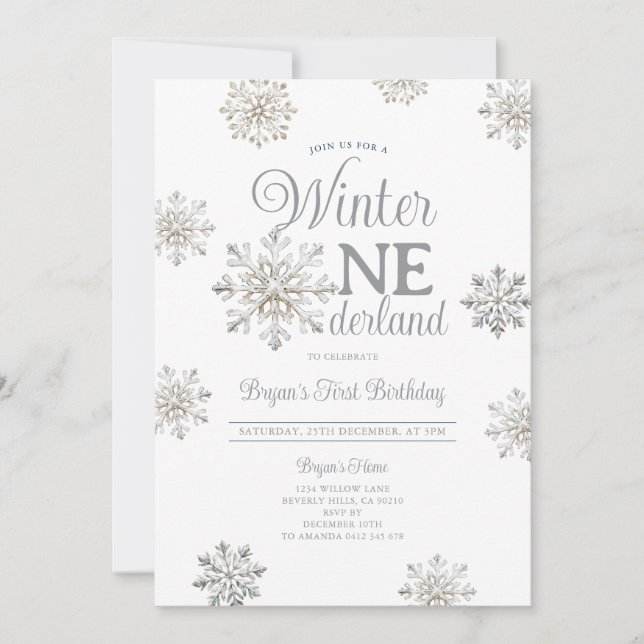 White Winter Onederland Silver Snowflakes Birthday Invitation (Front)