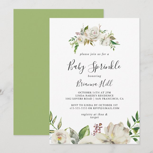White Winter Peony Floral Baby Sprinkle Invitation (Front/Back)