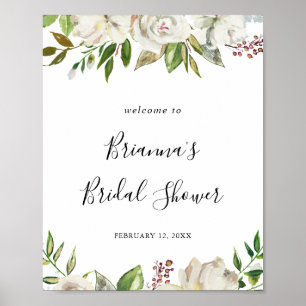 White Winter Peony Floral Bridal Shower Welcome Poster